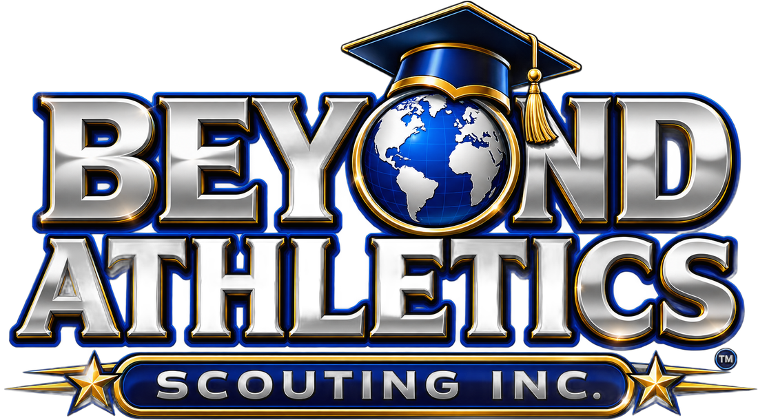 Beyond Athletics Scouting Inc. logo, silver letters with a globe wearing a graduation cap