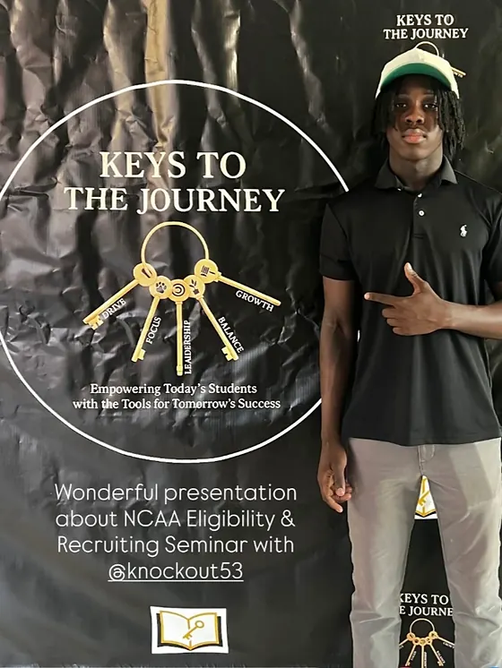 Student athlete at the Keys to the Journey NCAA eligibility and recruiting seminar banner