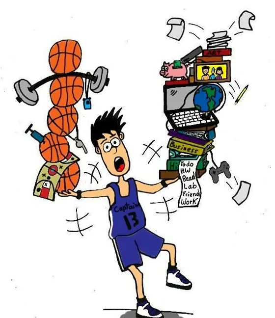 Illustration of a student athlete balancing basketballs and weights on one arm and books, a laptop, and a to-do list on the other