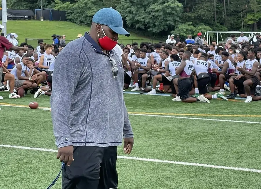 Kala Gause at an HBCU seven on seven camp with a field full of student athletes