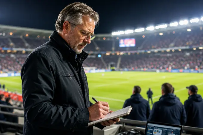 A beat writer taking notes at a stadium under the lights