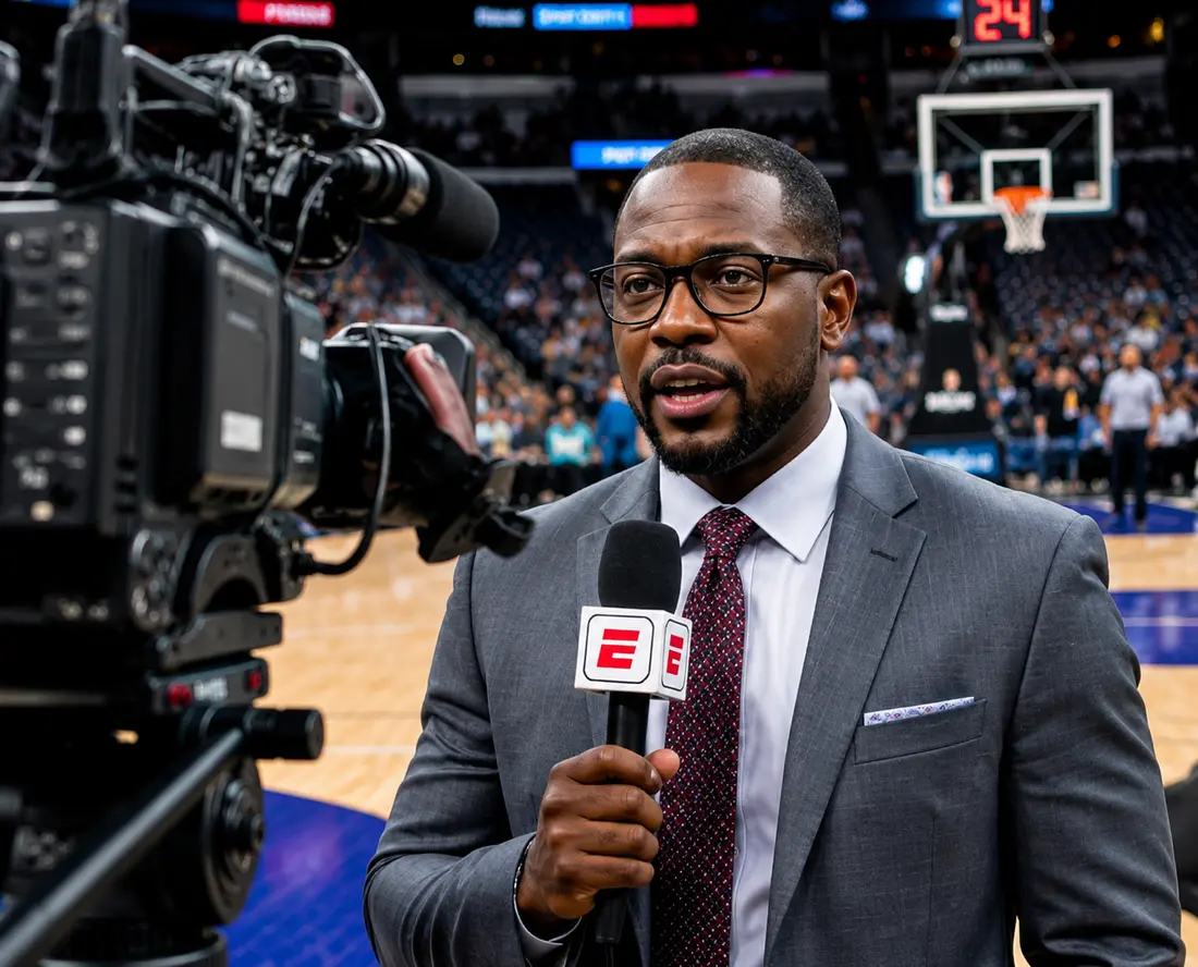 A sports broadcaster reporting courtside at a basketball arena