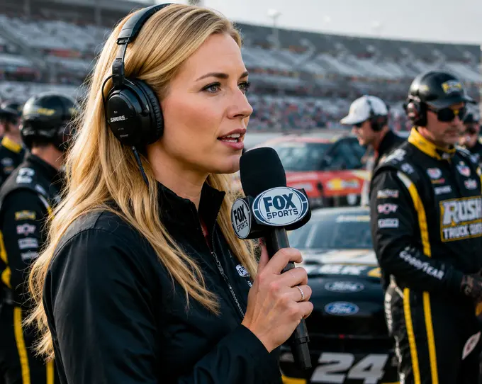A sideline reporter on the grid before a race