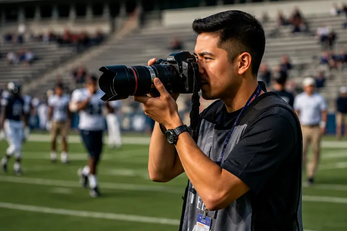 A team photographer shooting a football game from the field