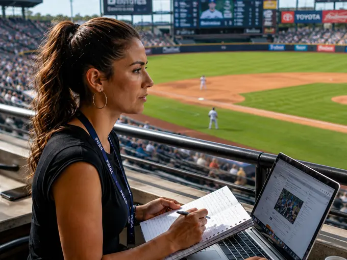 A reporter covering a game from the press box with a laptop and notepad