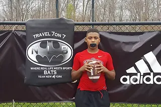 Jamari Johnson as a Next Level and Beyond student at the Travel 7 on 7 Team New York banner, now a tight end at Oregon and a ranked 2027 NFL draft prospect