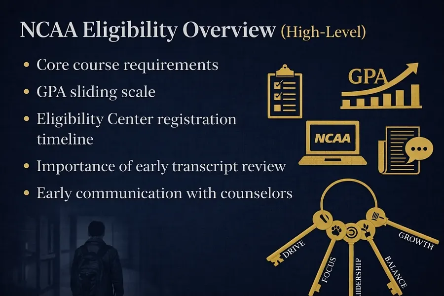 Slide titled NCAA eligibility overview covering core courses, GPA sliding scale, and registration timeline
